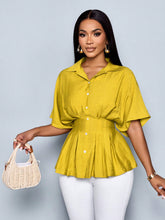 Women's Vacation V Neck Batwing Sleeve Cotton Blends Pleated Waist Slim Fit French Design Blouse